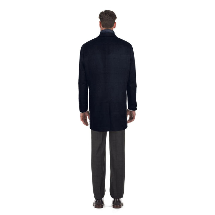 Designer Brand - Wool Blend Slim Fit Navy Overcoat with Removable Quilted Liner Check