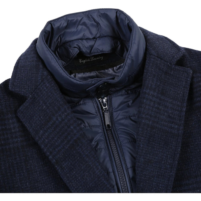 Designer Brand - Wool Blend Slim Fit Navy Overcoat with Removable Quilted Liner Check