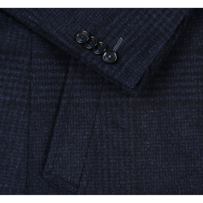 Designer Brand - Wool Blend Slim Fit Navy Overcoat with Removable Quilted Liner Check
