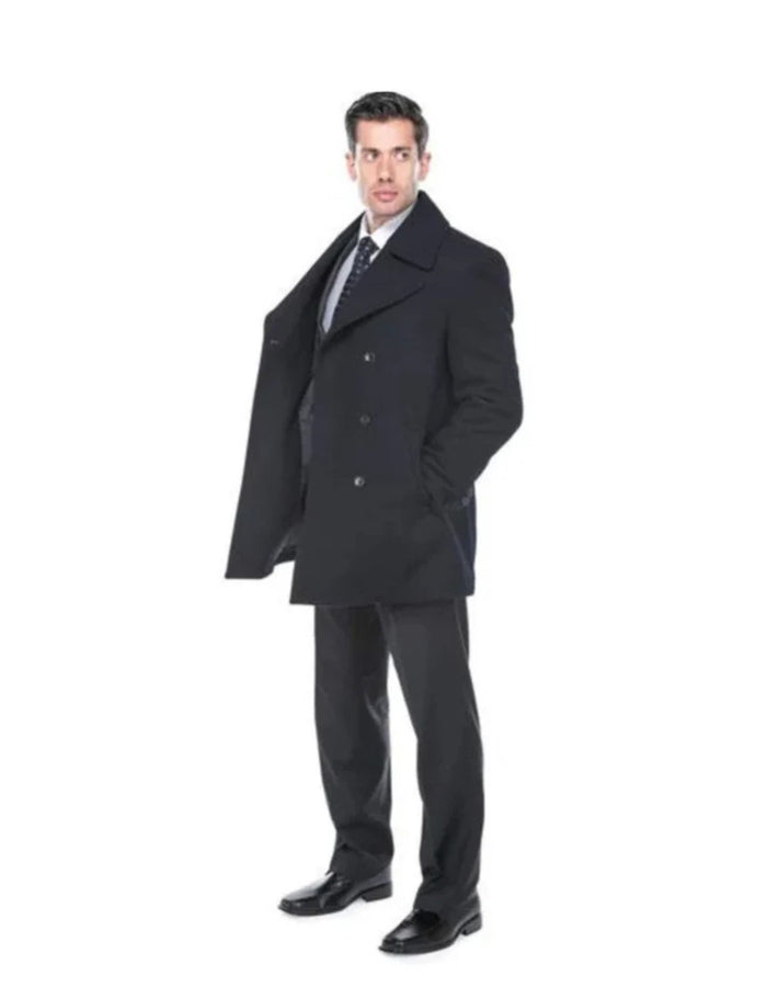 Double Breasted Navy Wool Blend Overcoat ~ Long men's Dress Topcoat - Winter coat