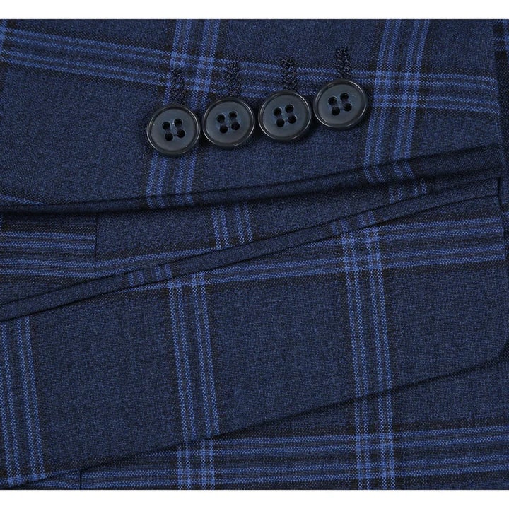 Cheap priced Suit - Mens Slim Fit Two Button Stretch  Dark Navy Wide Suit Windowpane Plaid - 38 Short Jacket+32 Waist Adjustable 28to34)(Height: 5 4 to5 7 )(Neck  15-16.5)S-M)