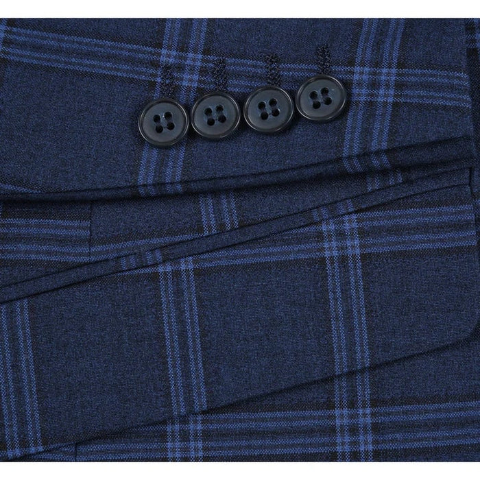 Cheap priced Suit - Mens Slim Fit Two Button Stretch  Dark Navy Wide Suit Windowpane Plaid