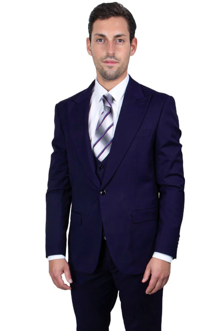 Cheap Suit - Men's Vested One Button Peak Lapel Stacy Adams Navy Suit