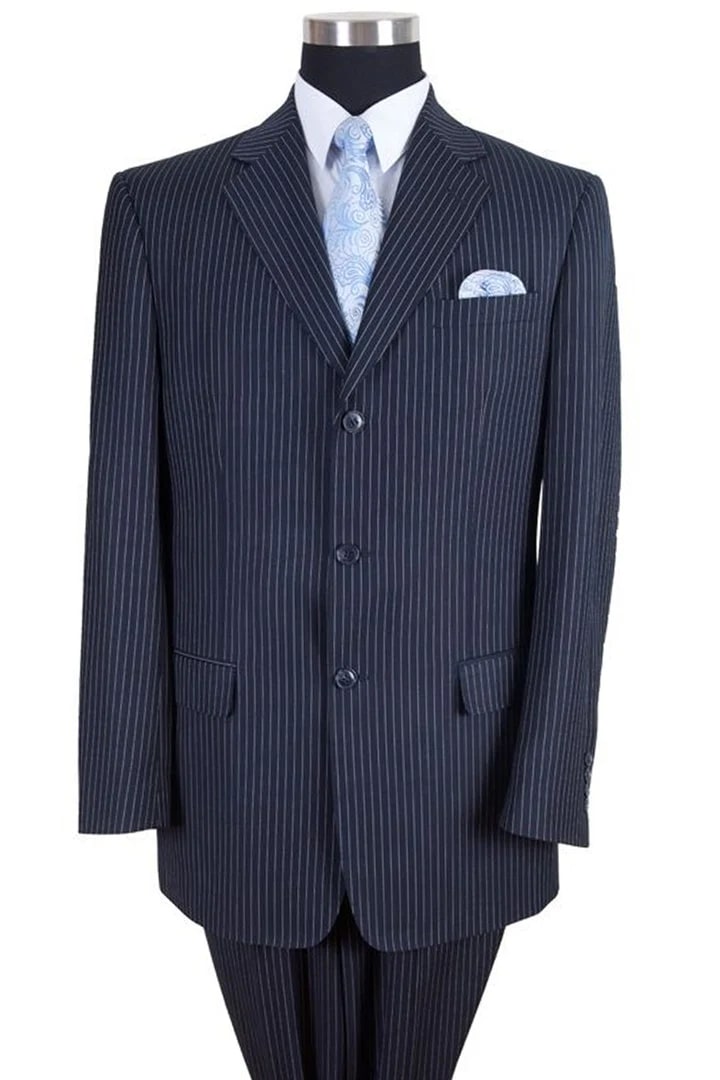 Cheap Suit - Mens Classic Fit 3 Button Banker Pinstripe Navy Suit