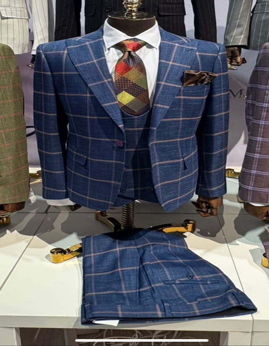 Rossiman Suits Brand - Plaid Textured Double breasted Style - Windowpane Pattern in Color Navy and Gray - 38 Short Jacket+32 Waist Adjustable 28to34)(Height: 5 4 to5 7 )(Neck  15-16.5)S-M)