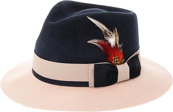 Gangster 100% Australian Wool Crushable Mens Fedora Hat - Removable Feather Gangster Navy and White Mens Fedora Hat - Small