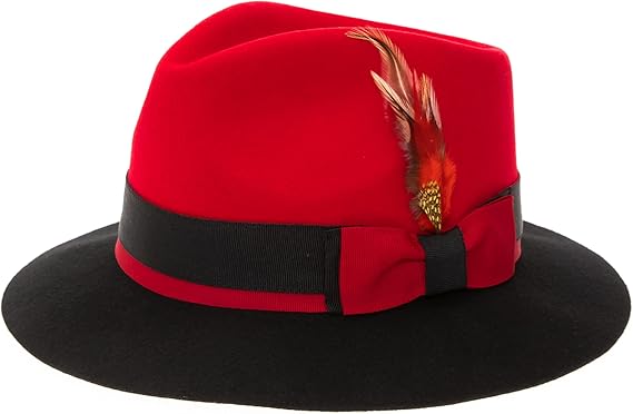 Gangster 100% Austrailian Wool Crushable Mens Fedora Hat - Removable Feather Gangster Red and Black Mens Fedora Hat