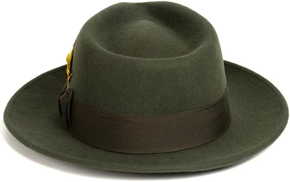 Gangster 100% Australian Wool Crushable Mens Fedora Hat - Removable Feather Gangster Olive Green Mens Fedora Hat - Small