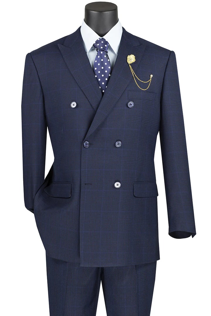 Cheap Priced Suit - Mens Double Breasted Windowpane Plaid Navy Suit - 38 Short Jacket+32 Waist Adjustable 28to34)(Height: 5 4 to5 7 )(Neck  15-16.5)S-M)