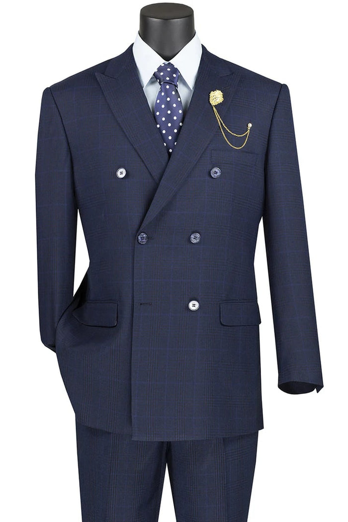 Cheap Priced Suit - Mens Double Breasted Windowpane Plaid Navy Suit