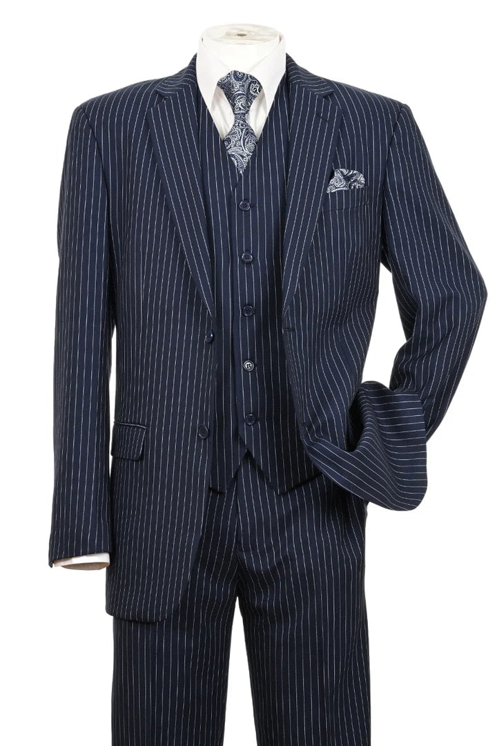 Cheap Priced Suit - Mens 2 Button Vested Bold Pinstripe Gangster Navy Suit - 38 Short Jacket+32 Waist Adjustable 28to34)(Height: 5 4 to5 7 )(Neck  15-16.5)S-M)