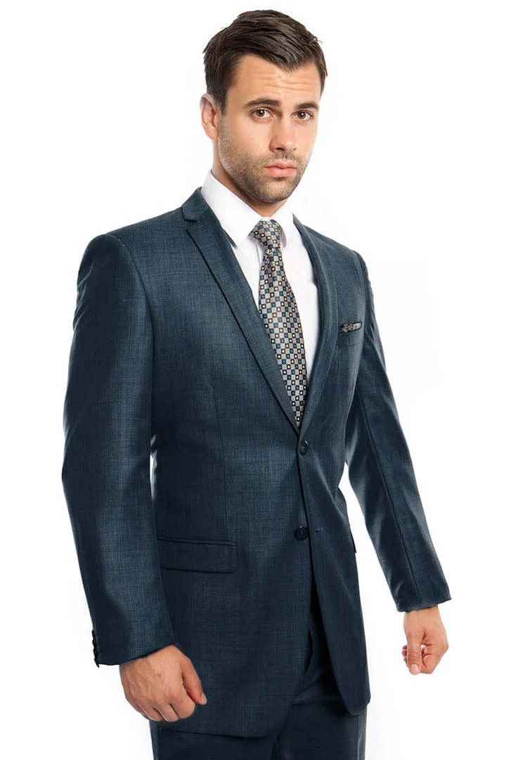 Cheap Priced Suit - Men's Slim Fit Textured Shiny Sharkskin Navy Suit - 38 Short Jacket+32 Waist Adjustable 28to34)(Height: 5 4 to5 7 )(Neck  15-16.5)S-M)