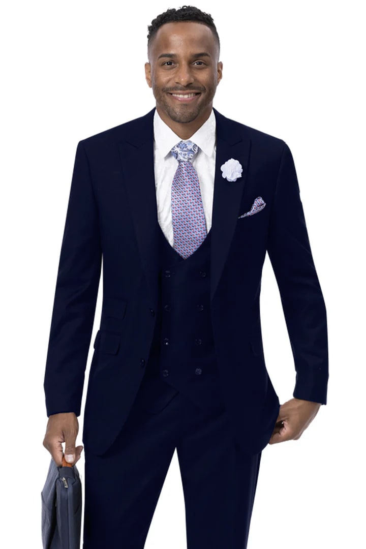 Cheap Priced Suit - Mens Modern Two Button Vested Peak Lapel Navy Suit With Double Breasted Vest - 38 Short Jacket+32 Waist Adjustable 28to34)(Height: 5 4 to5 7 )(Neck  15-16.5)S-M)