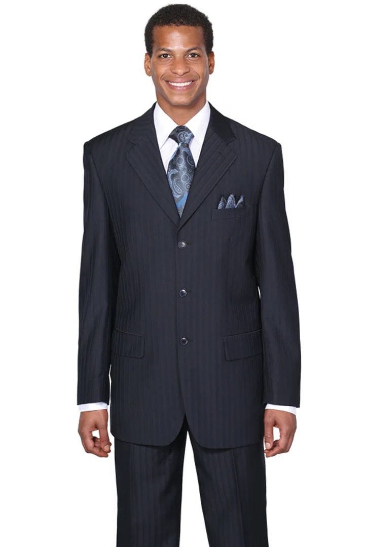 Cheap Priced Suit  - Mens Classic Fit 3 Button Tonal Pinstripe Navy Suit - 38 Short Jacket+32 Waist Adjustable 28to34)(Height: 5 4 to5 7 )(Neck  15-16.5)S-M)