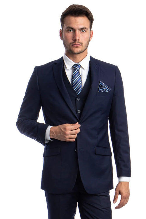 Cheap Priced Suit  - Men's Two Button Basic Hybrid Fit Vested Navy Suit