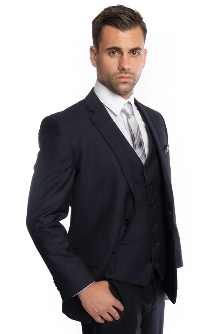 Cheap Suit - Men's Vested Two Button Solid Color Wedding & Business Navy Suit