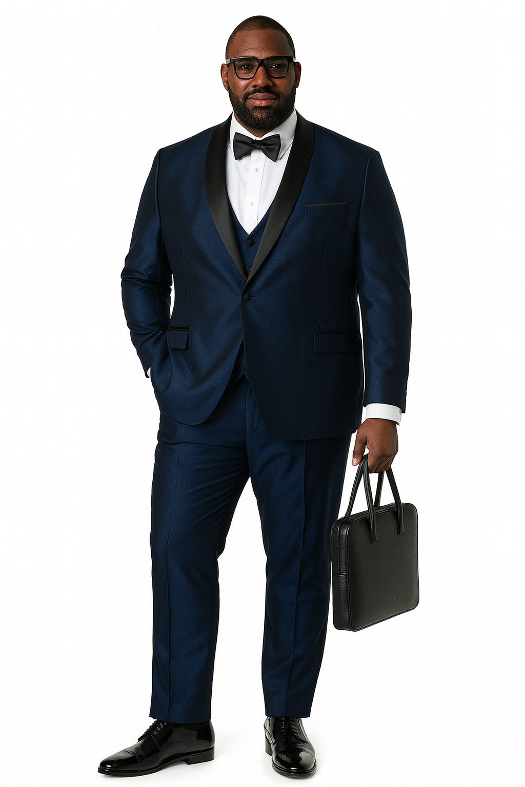 Menâ€™s Light Navy Blue Satin Tuxedo with Black Shawl Lapel and Three-Piece Design - Small
