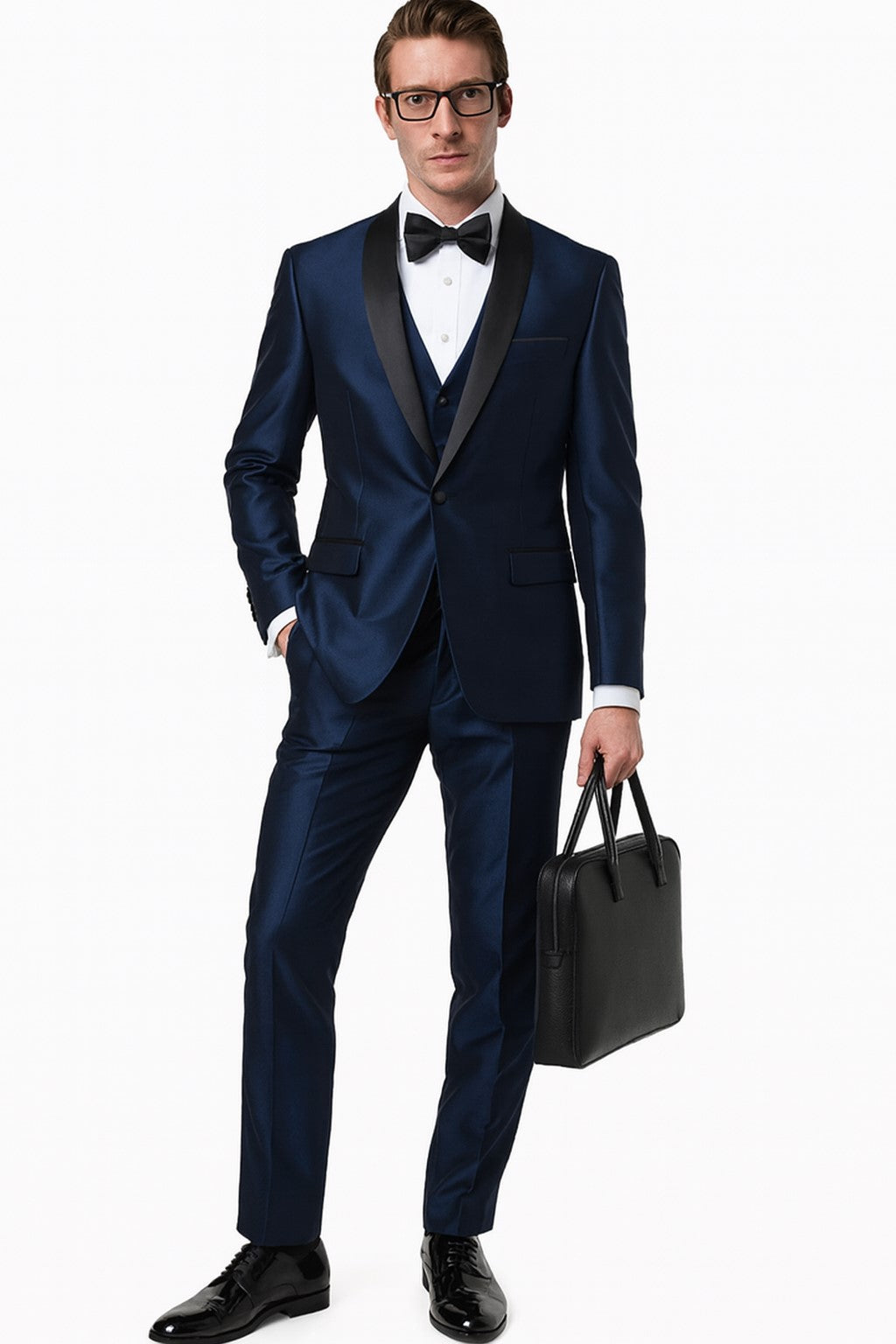 Menâ€™s Light Navy Blue Satin Tuxedo with Black Shawl Lapel and Three-Piece Design - Small