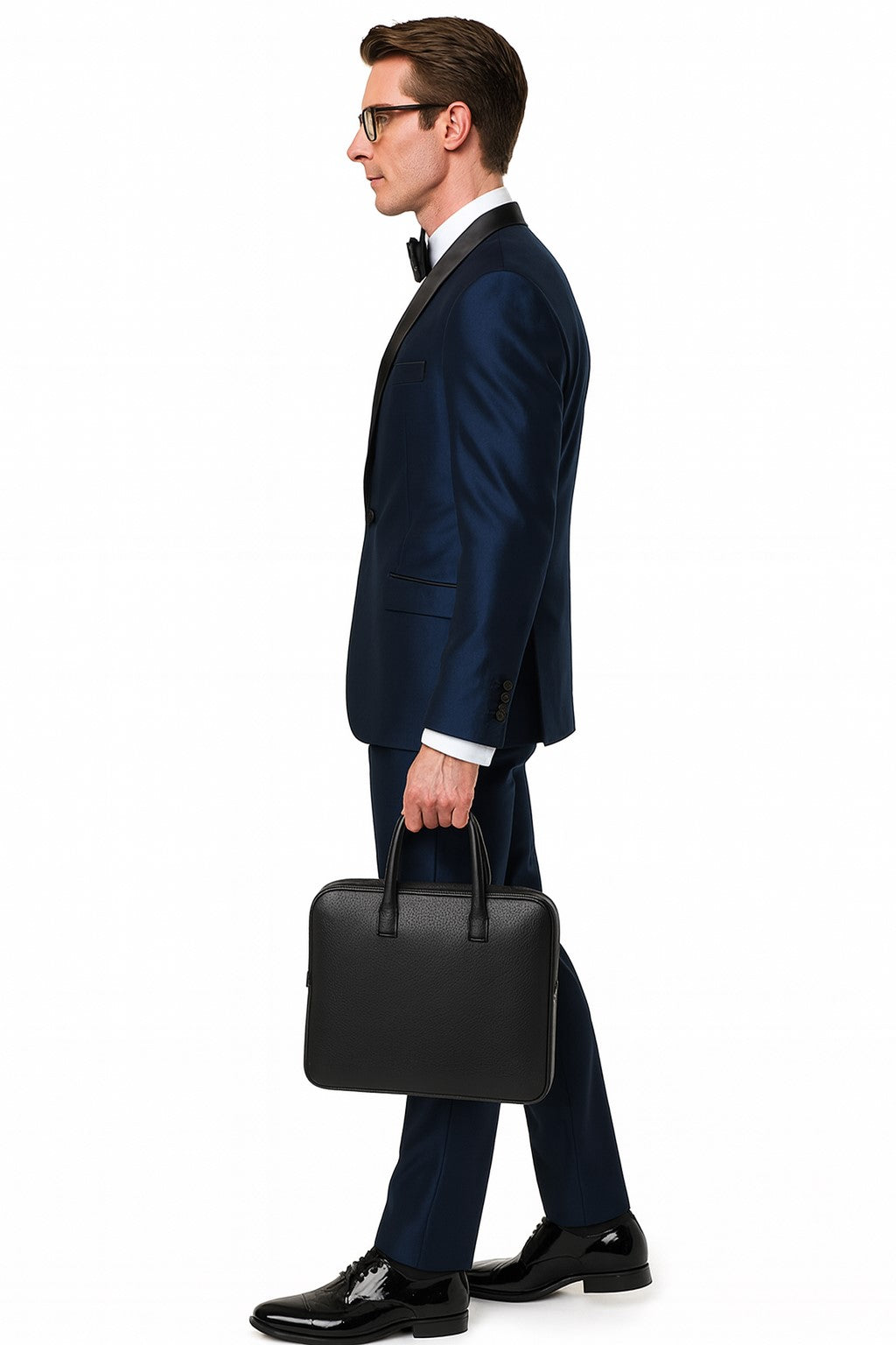 Menâ€™s Light Navy Blue Satin Tuxedo with Black Shawl Lapel and Three-Piece Design - Small