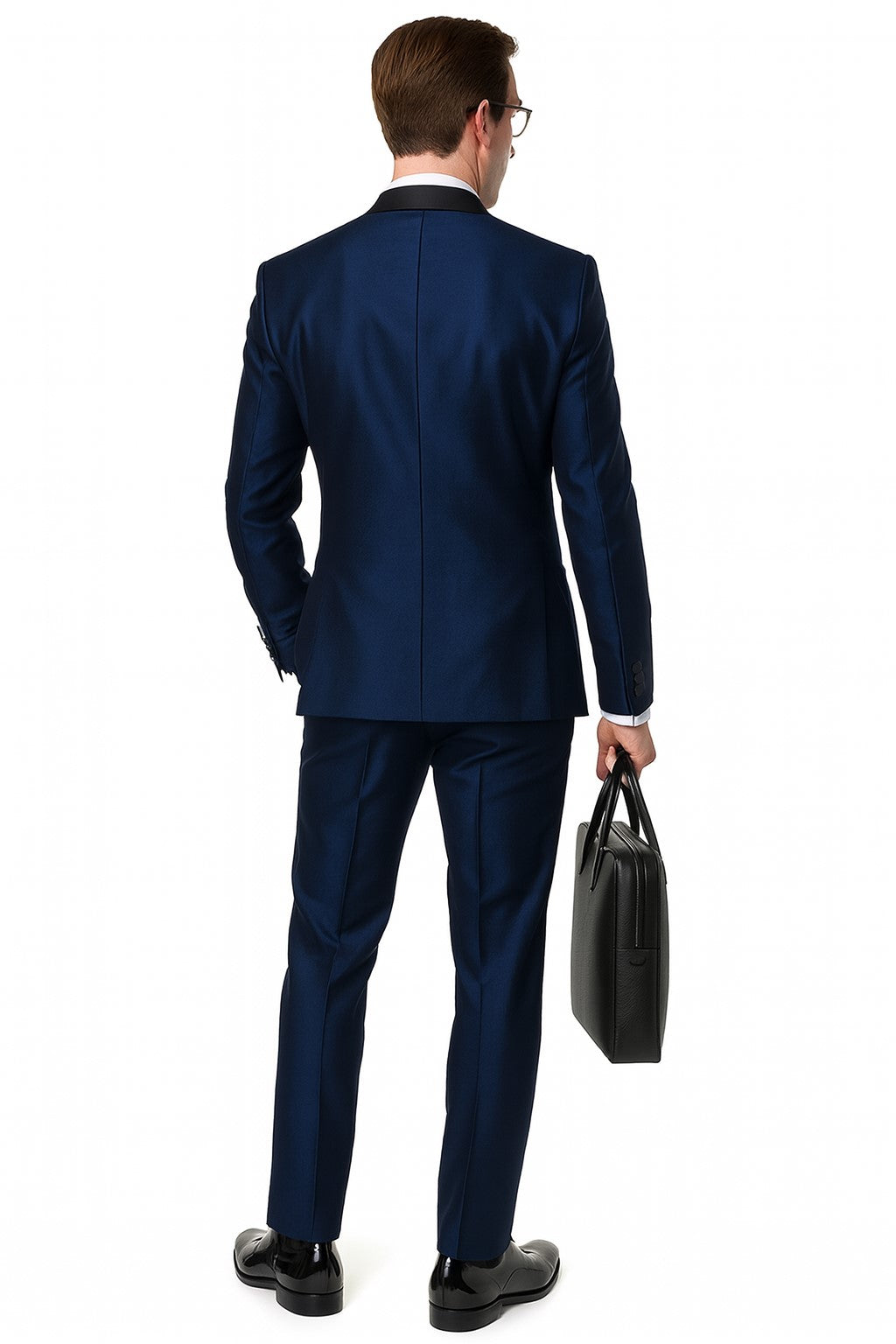 Menâ€™s Light Navy Blue Satin Tuxedo with Black Shawl Lapel and Three-Piece Design - Small