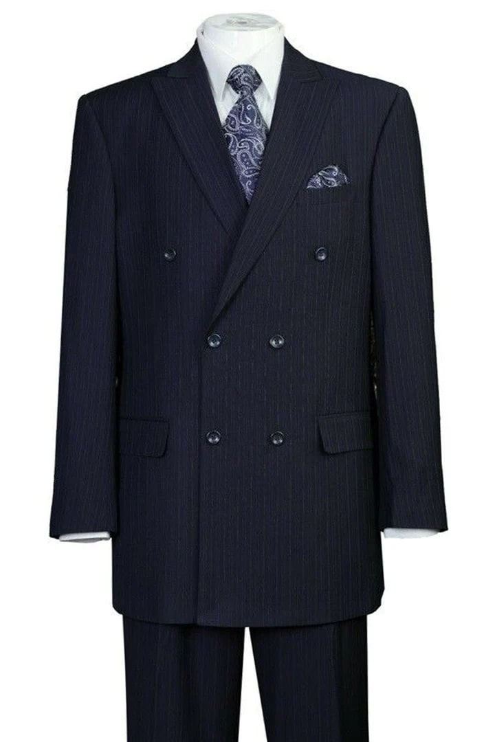 Cheap Suit - Mens Classic Double Breasted Peak Lapel Suit In Navy Pinstripe