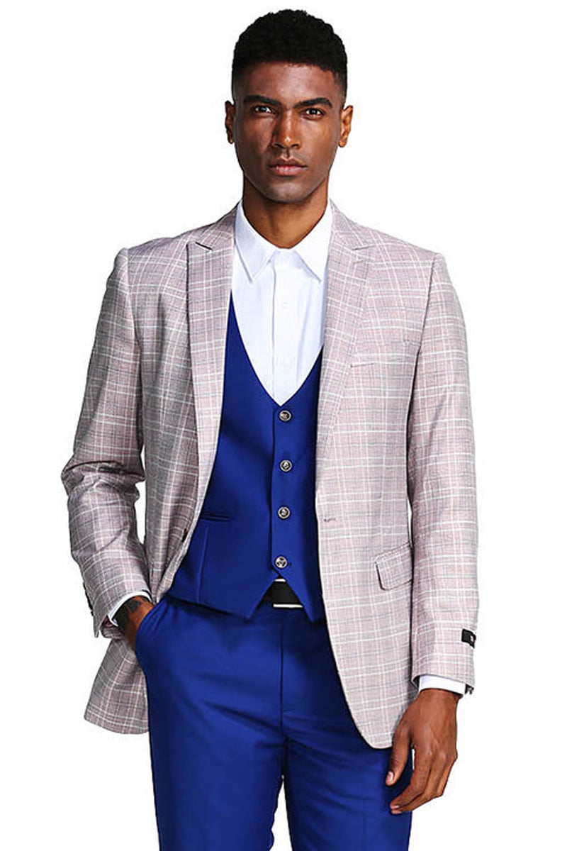 "Grey & Blue Glen Plaid Men's Suit with Peak Lapel & Double Breasted Vest" - 34 Short