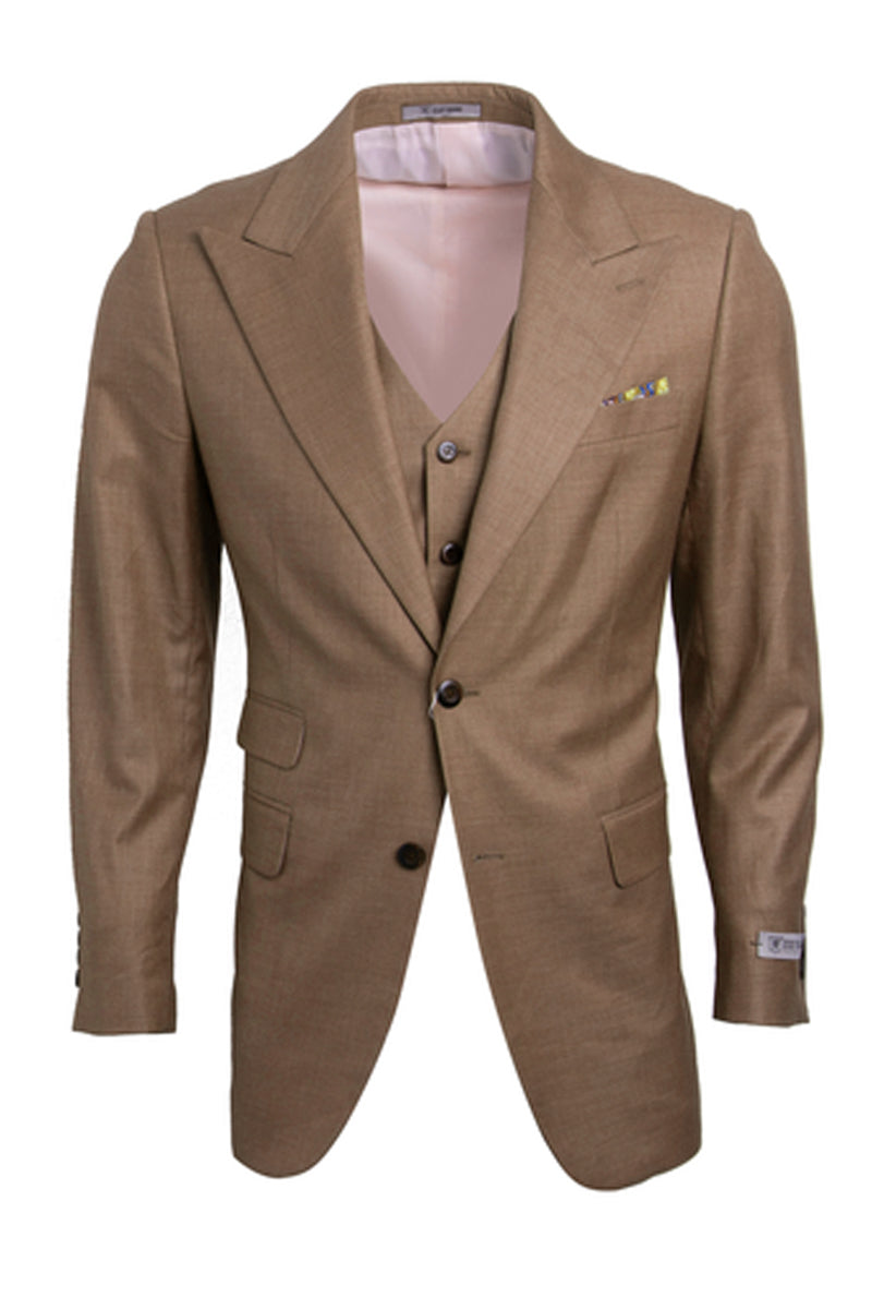 "Mens Stacy Adams Suit - Stacy Adams Suit Men's Sharkskin Suit - Taupe, One Button Peak Lapel Vested" - 34 Regular