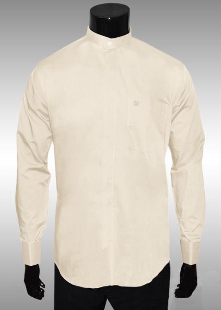 Nehru Collarless Ivory Light Medium Wt Fabric Men's Dress Shirt