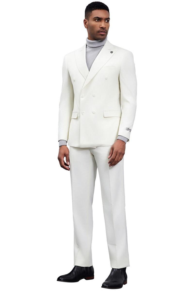 Men's Designer Stacy Adams Classic Double Breasted Suit in Ivory - 34 Regular