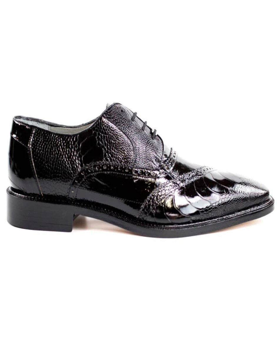 Men's Belvedere Nino Slanted Wingtip Ostrich Leg and EEL Black Dress Shoe - US 9.0 Standard/D/ Medium / Eu:42