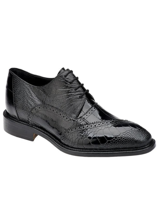 Men's Belvedere Nino Slanted Wingtip Ostrich Leg and EEL Black Dress Shoe