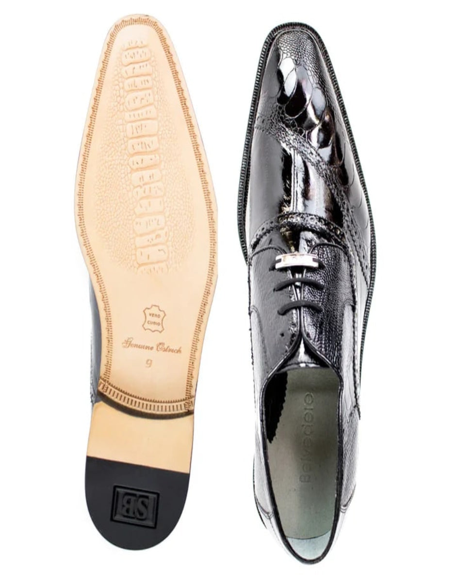 Men's Belvedere Nino Slanted Wingtip Ostrich Leg and EEL Black Dress Shoe - US 9.0 Standard/D/ Medium / Eu:42