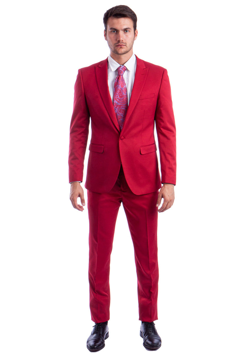 "Red Slim Fit Men's Suit with One Button Peak Lapel Design"