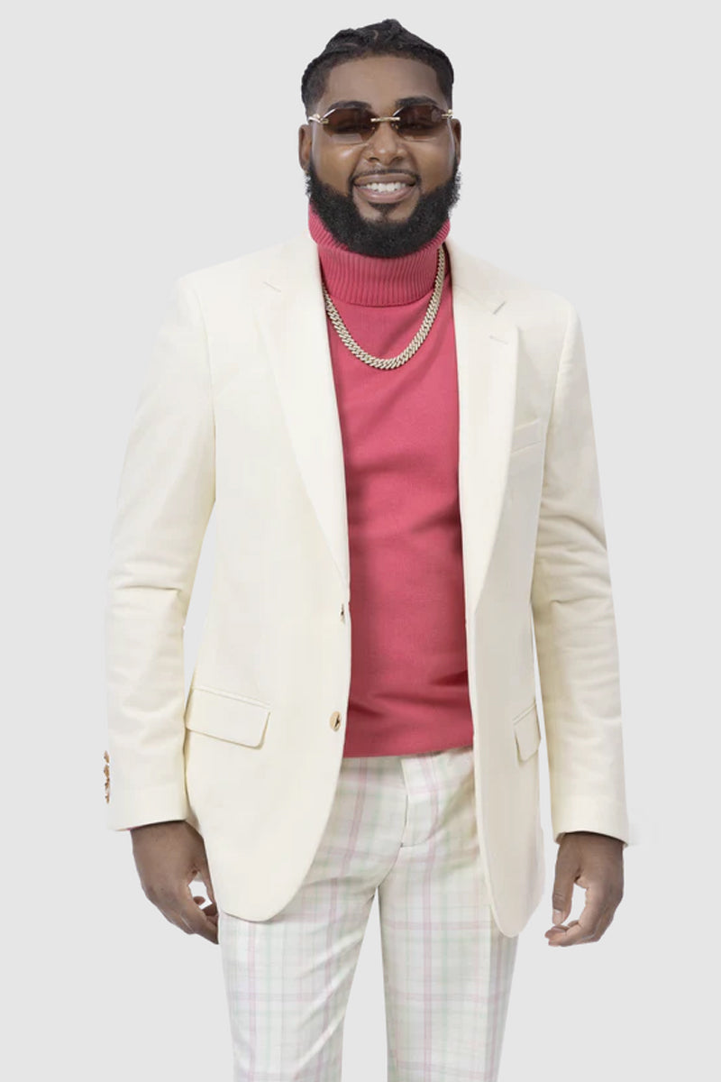 "Men's Ivory Velvet Blazer - Modern Fit Two-Button Style"