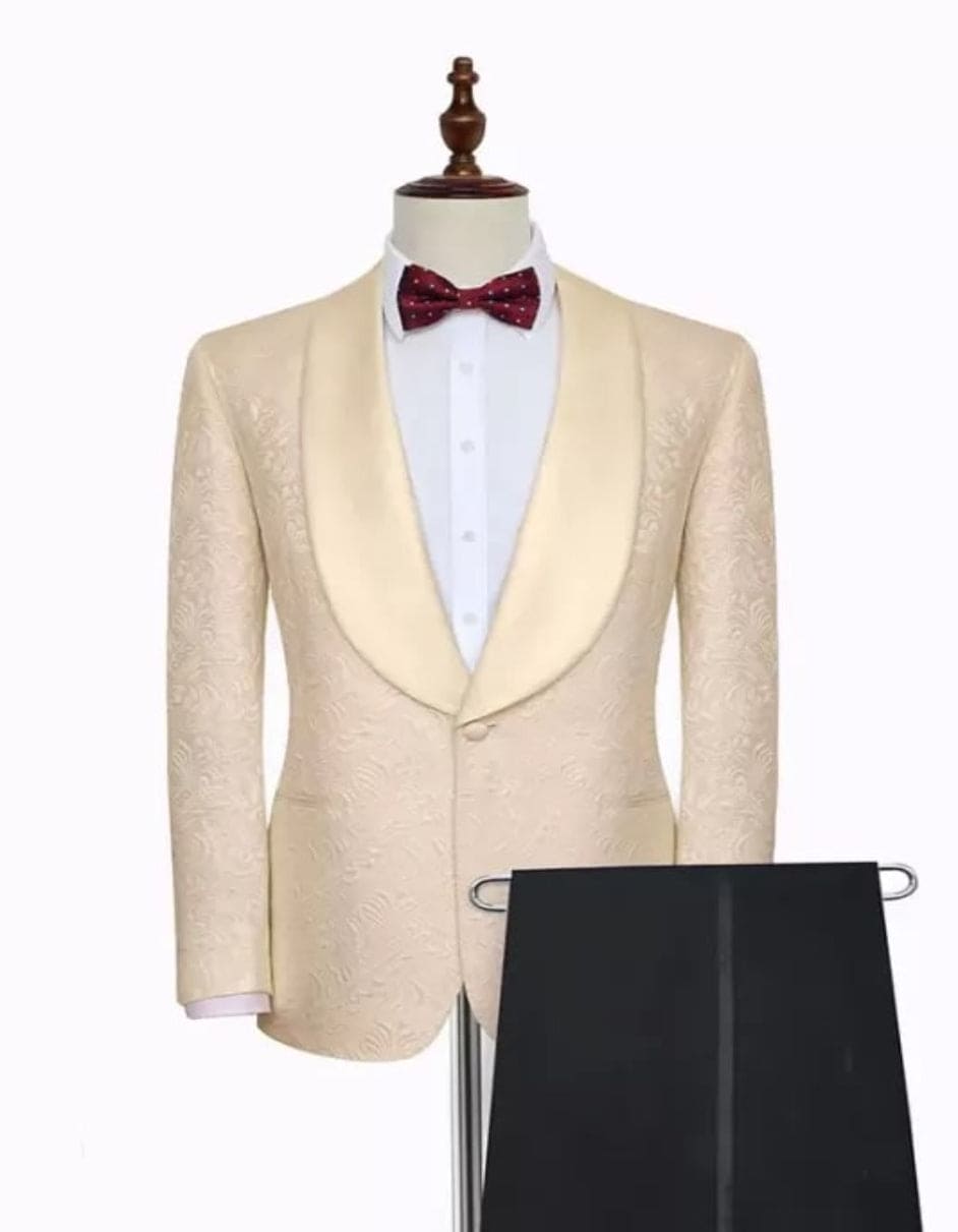 Noble Champagne Jacquard Wedding Tuxedos for Groom | Silk Shawl Lapel Prom Suits - Coat Size 38