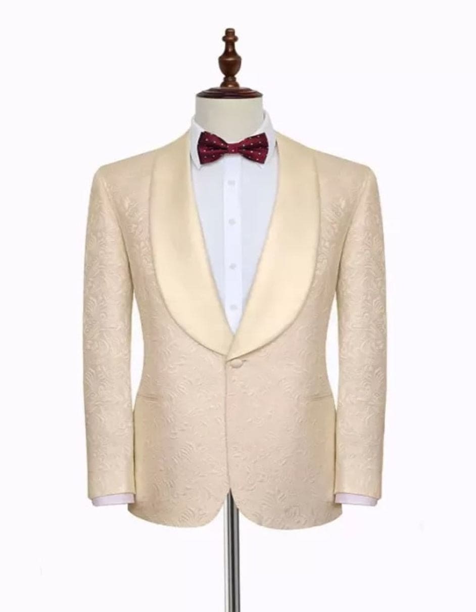 Noble Champagne Jacquard Wedding Tuxedos for Groom | Silk Shawl Lapel Prom Suits - Coat Size 38