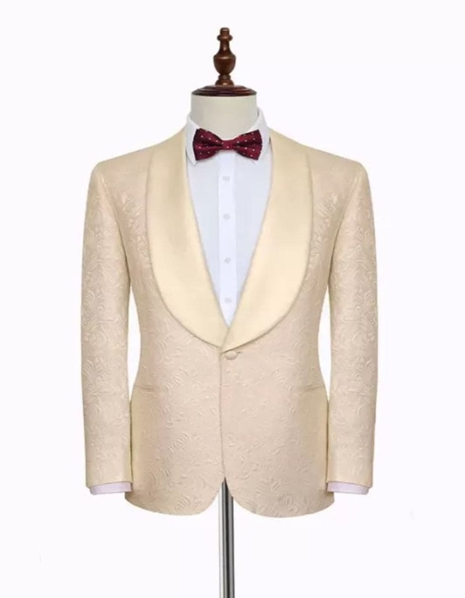 Noble Champagne Jacquard Wedding Tuxedos for Groom | Silk Shawl Lapel Prom Suits - 34 Short or Extra Small