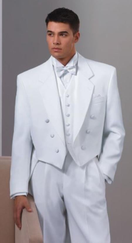 Notch Collar 6 Buttons Pleated Pants Six button Full Dress Formal Tuxedo Tailcoat in Solid Snow All White Suit For MenSatin facing-New Designer Collection - 58R