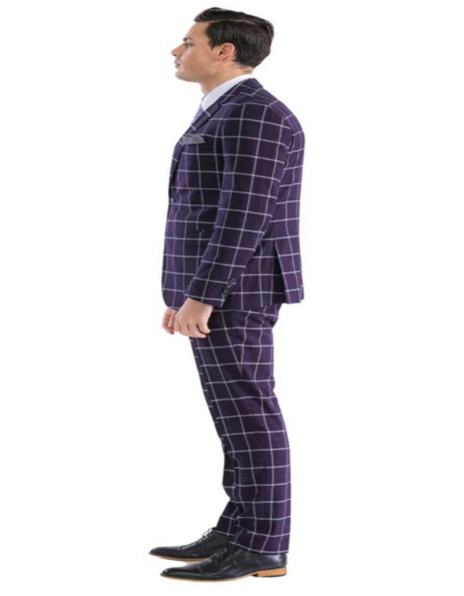 Mens Plaid Suit - Windowpane Pattern With Vest - Business Suit Burgundy - 34 Short or Extra Small