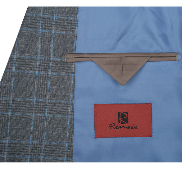 Renoir Clothing - Renoir Suit - Renoir Fashion - Stretch Performance 2-button Classic Fit Grey And Blue Check Renoir Suit - Coat Size 38