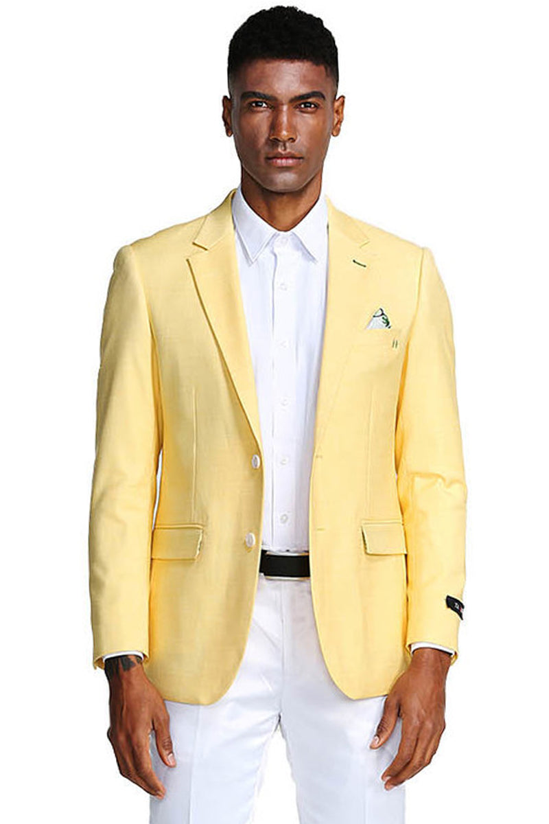 "Lemon Yellow Men's Slim Fit Linen Summer Blazer - Two Button Style"