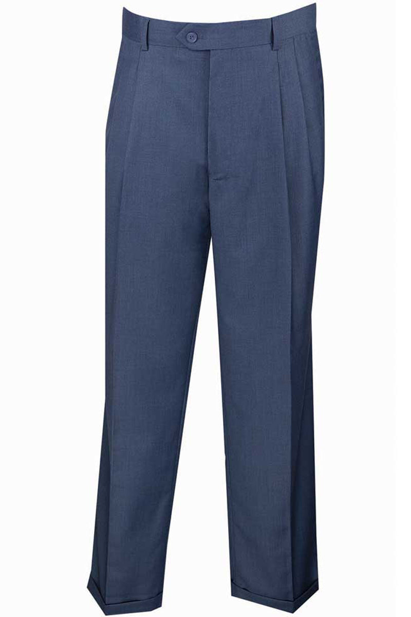 Mens Classic Fit Single Pleat Dress Slacks in Blue - 28W