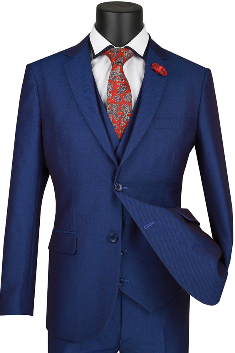 Mens Ultra Slim Fit Vested Textured Suit in Blue - 36 Short