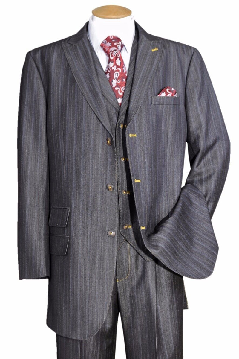 "Black Denim Suit for Men - 3 Button Vested Peak Lapel" - 38 Long