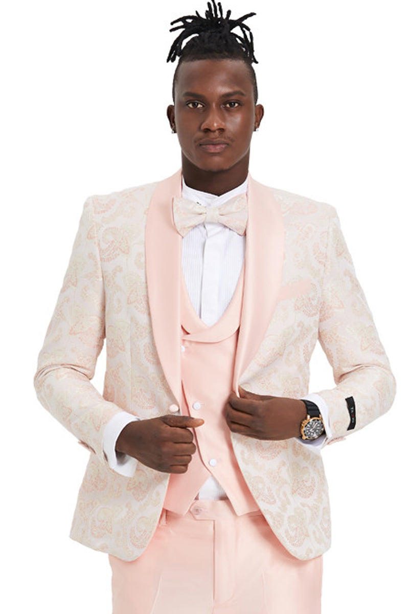 "Men's Pink Paisley Prom Tuxedo - One Button Vested Shawl Lapel"