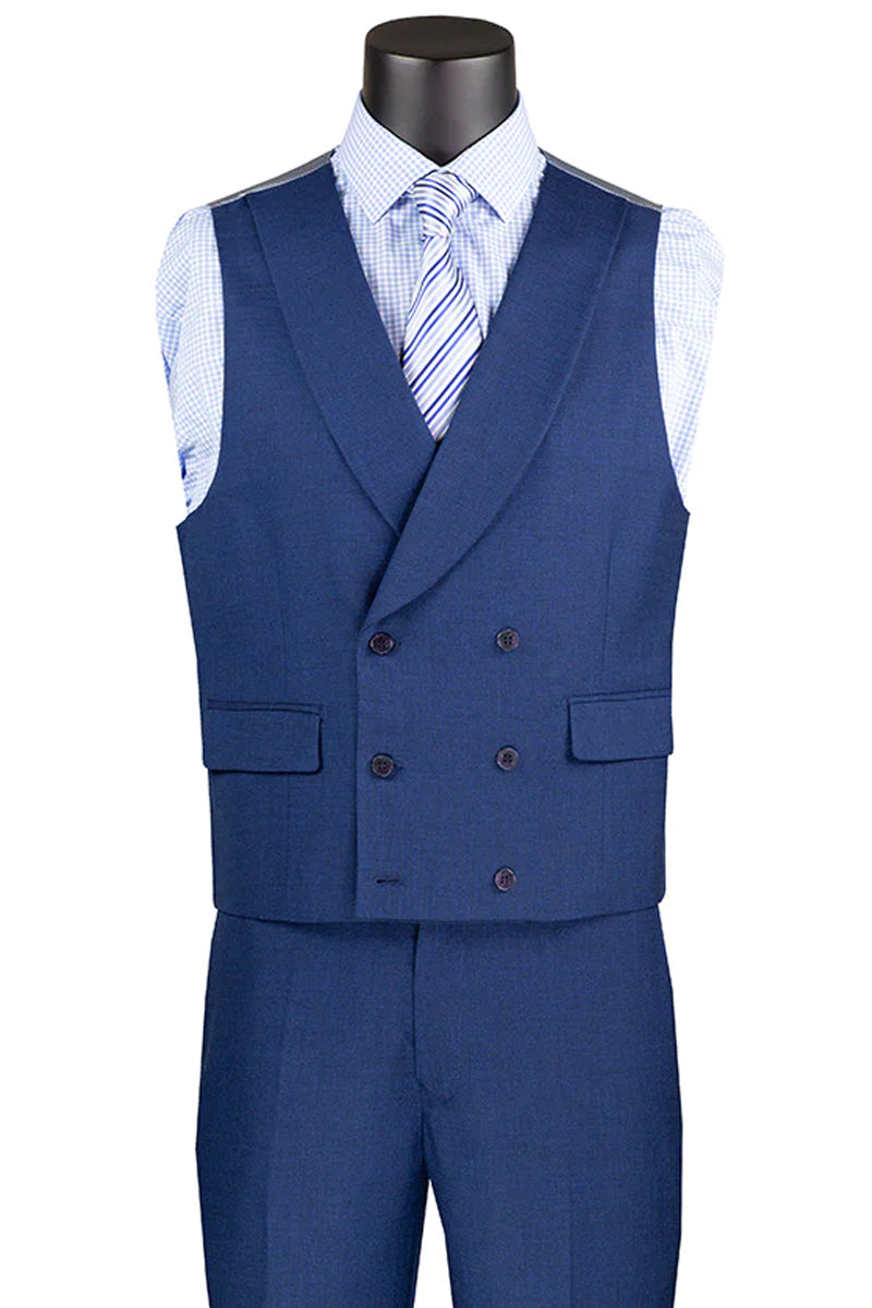 "Sharkskin Men's Suit with Double Breasted Vest - Summer Navy Blue"