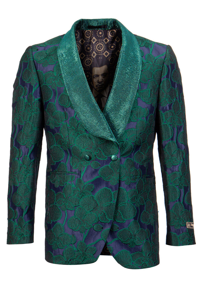 "Floral Embroidered Men's Double Breasted Green Tuxedo Dinner Jacket"