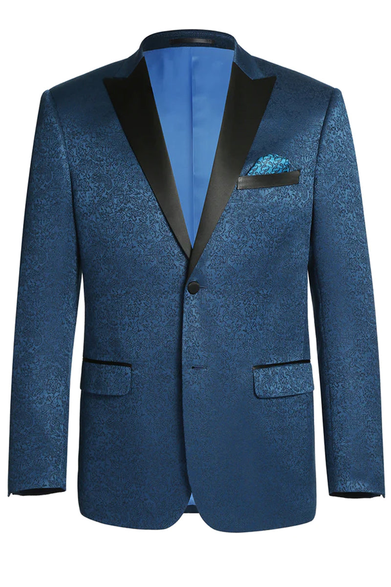 "Teal Blue Paisley Prom 2025 Tuxedo Blazer - Men's Two Button Peak Lapel" - 34 Short