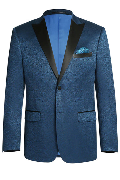 "Teal Blue Paisley Prom 2026 Tuxedo Blazer - Men's Two Button Peak Lapel"