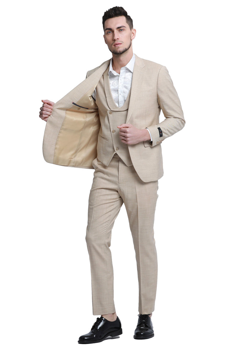 "Sharkskin Wedding Suit: Men's Slim Fit Double Breasted Vest in Khaki" - 34 Short